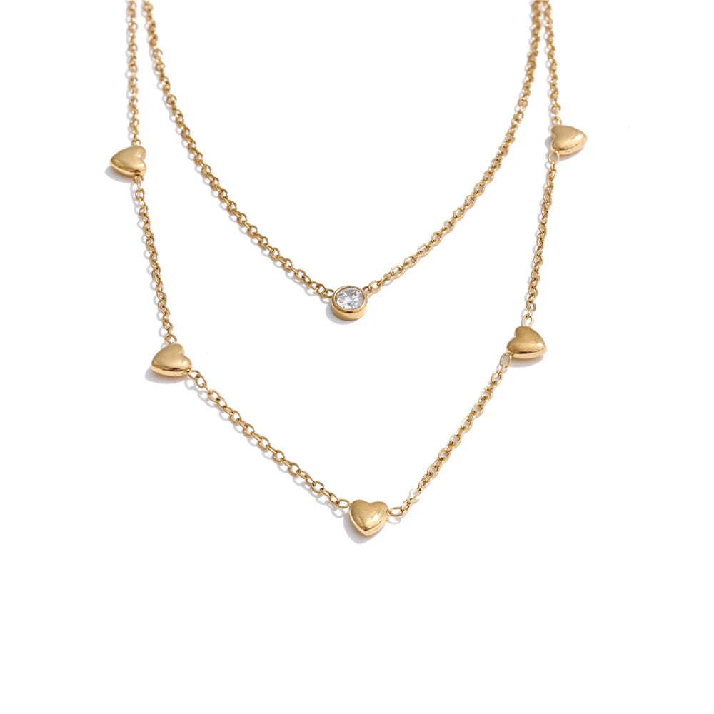 Yhpup coreano dupla camada zircônia coração chique corrente colar de verão requintado colar em camadas de aço inoxidável jóias para mulher