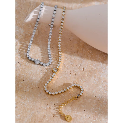 Yhpup delicado bling zircônia cúbica coração corrente pulseira requintado aço inoxidável brilhante à prova dwaterproof água pulso jóias presente
