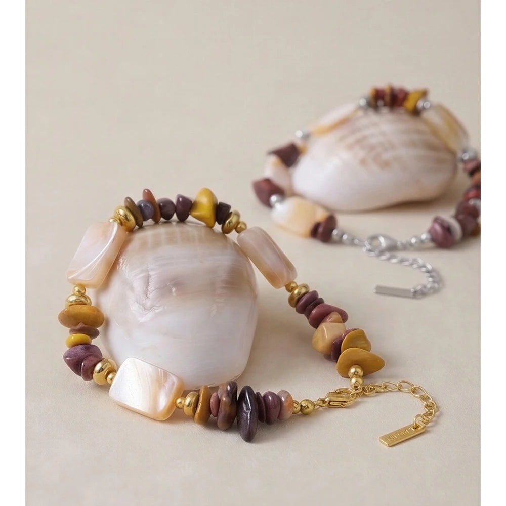 Pulseira de Corrente Yhpup em Aço Inoxidável com Pedra Natural e Concha, Joia de Pulso Artesanal com Contas, Moda Verão 2026, Presente à Prova d'Água