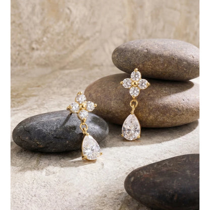Brincos Pendentes de Aço Inoxidável Yhpup com Zircônia Cúbica em Formato de Flor e Gota D'água, Joia Premium Delicada, Brilhante e Elegante, Presente Impermeável