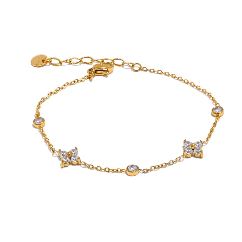 Yhpup delicado zircônia cúbica flor corrente fina pulseira de aço inoxidável à prova de ferrugem escritório senhoras chique jóias novo presente