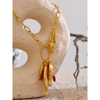 Yhpup 2025 colar com pingente de pimenta de peixe de aço inoxidável para mulheres venda quente 18K banhado a ouro elegante exclusivo estilo oceano joias