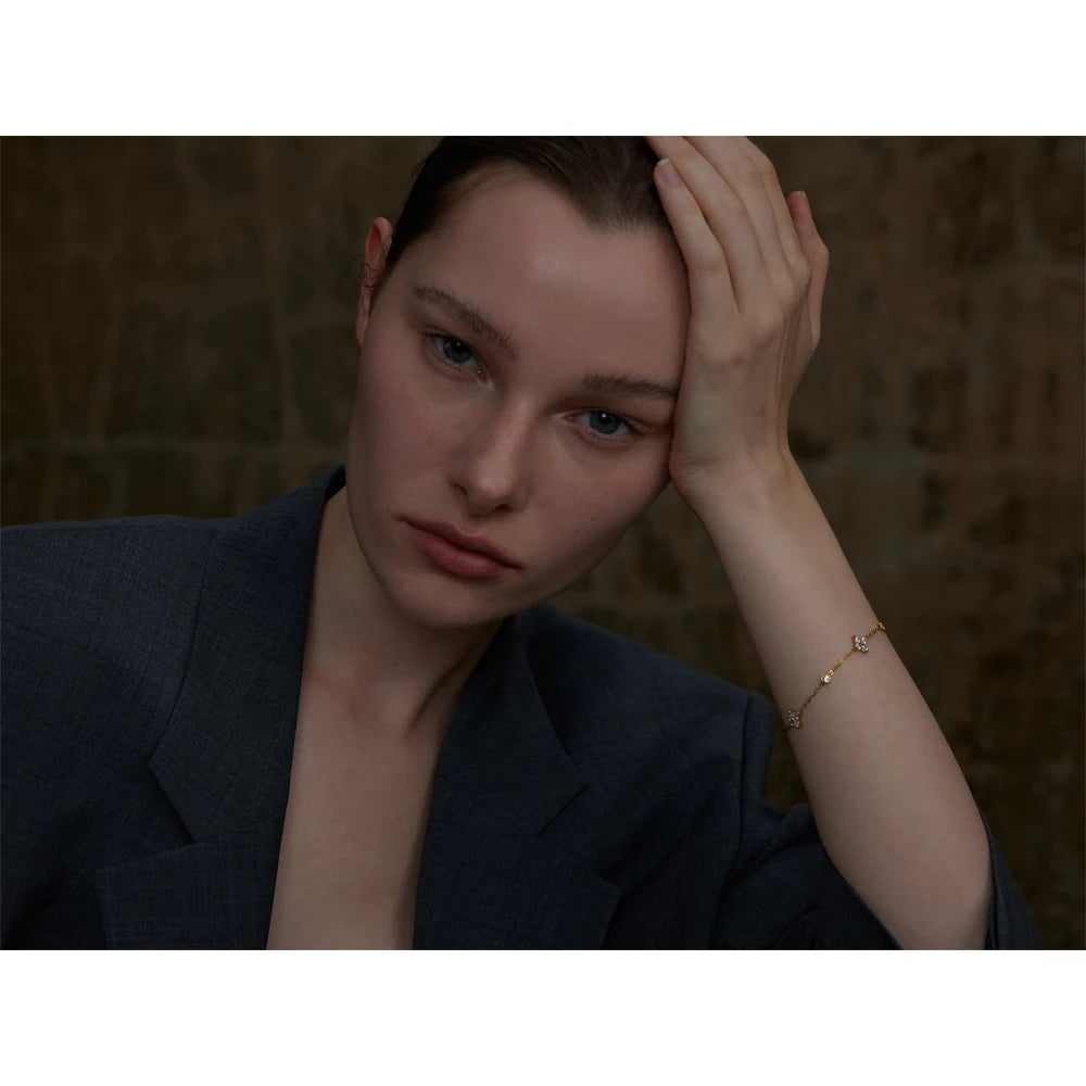 Yhpup delicado zircônia cúbica flor corrente fina pulseira de aço inoxidável à prova de ferrugem escritório senhoras chique jóias novo presente