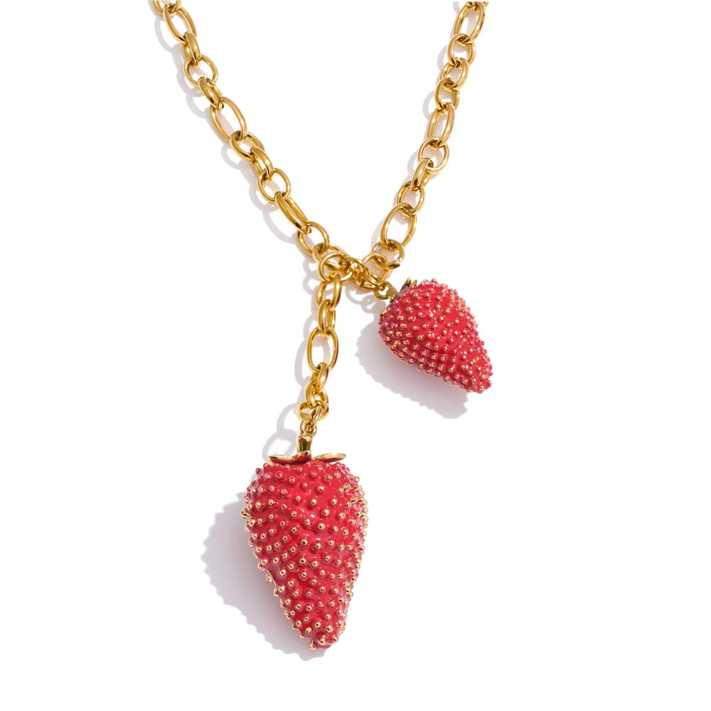 Colar Pingente Morango Vermelho Banhado a Ouro | Zalzani