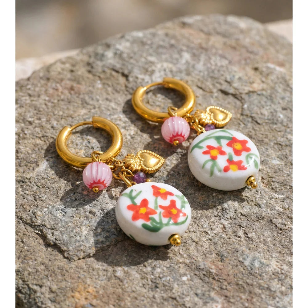 Brincos de Aço Inoxidável com Pingente de Flor de Cerâmica Yhpup 2026 - Estilo Primavera Verão, Novidades, Joias da Moda, Presente
