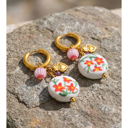 Brincos de Aço Inoxidável com Pingente de Flor de Cerâmica Yhpup 2026 - Estilo Primavera Verão, Novidades, Joias da Moda, Presente