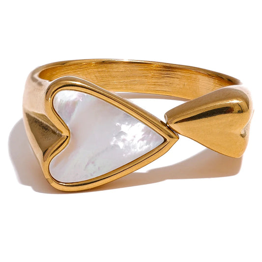 Yhpup concha acrílico coração aço inoxidável elegante anel para mulheres encantos textura de metal à prova dwaterproof água jóias douradas presente de gala