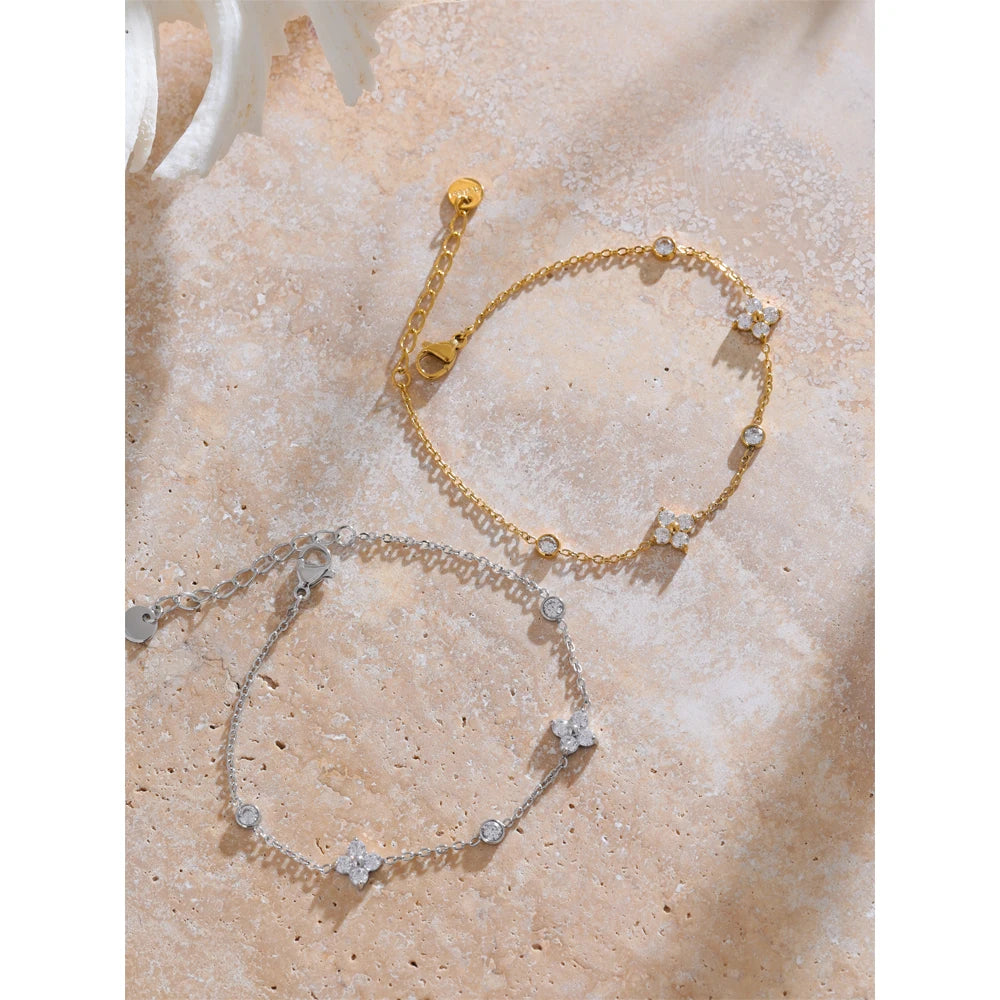 Yhpup delicado zircônia cúbica flor corrente fina pulseira de aço inoxidável à prova de ferrugem escritório senhoras chique jóias novo presente