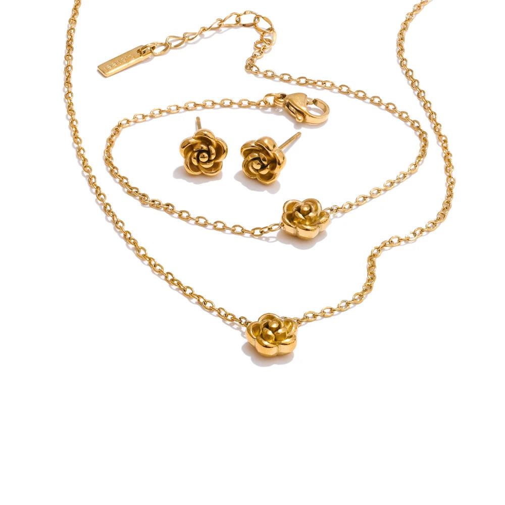 Yhpup chique aço inoxidável rosa flor corrente colar pulseira brincos conjunto ouro & platina pvd à prova dwaterproof água banhado diariamente jóias