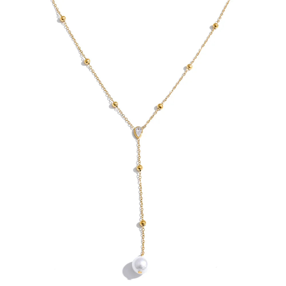 Colar Y com Zircônia Cúbica e Pérolas Banhado a Ouro | Zalzani