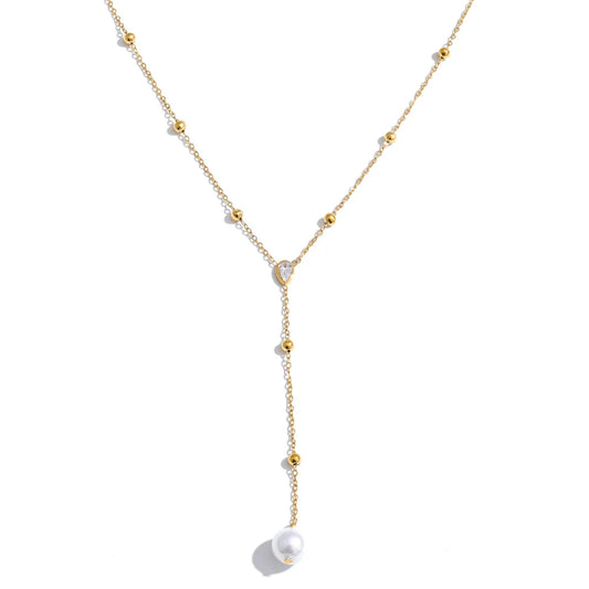 Colar Y com Zircônia Cúbica e Pérolas Banhado a Ouro | Zalzani