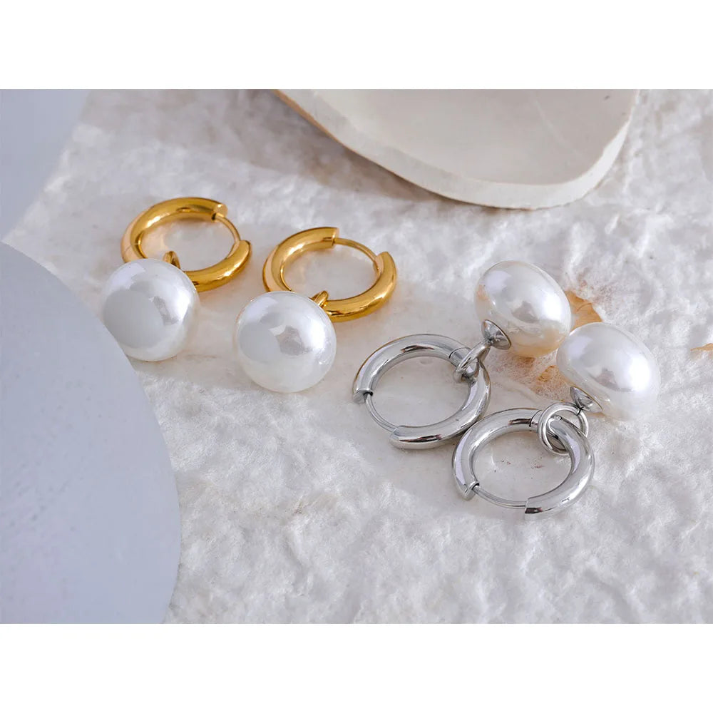 Yhpup alta qualidade imitação de pérolas gota aço inoxidável dourado coreano hoop brincos encantos moda jóias bijoux femme presente