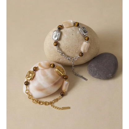 Pulseira Artesanal de Aço Inoxidável Yhpup com Concha Natural e Pedra Olho de Tigre – Joia Exquisita e Charmosa Feita à Mão
