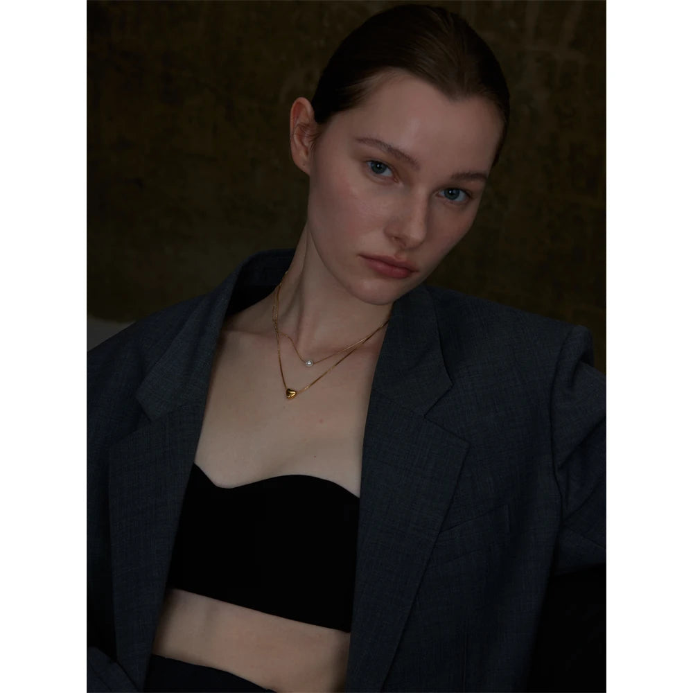 Yhpup moda aço inoxidável dupla camada corrente coração imitação pérola pingente empilhamento colar para mulheres jóias à prova de ferrugem