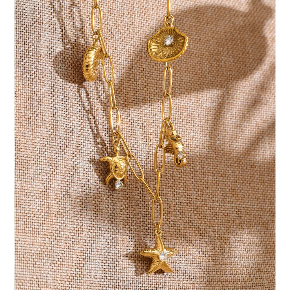 Colar com Pingente de Concha e Estrela-do-mar da Série Ocean Yhpup em Aço Inoxidável com Zircônia, Banhado a Ouro 16K e PVD Platina, Joia de Verão